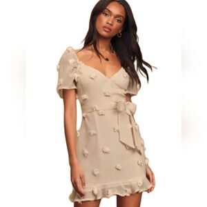 Lulus Charming Appeal Beige Pom Pom Puff Sleeve Mini Dress